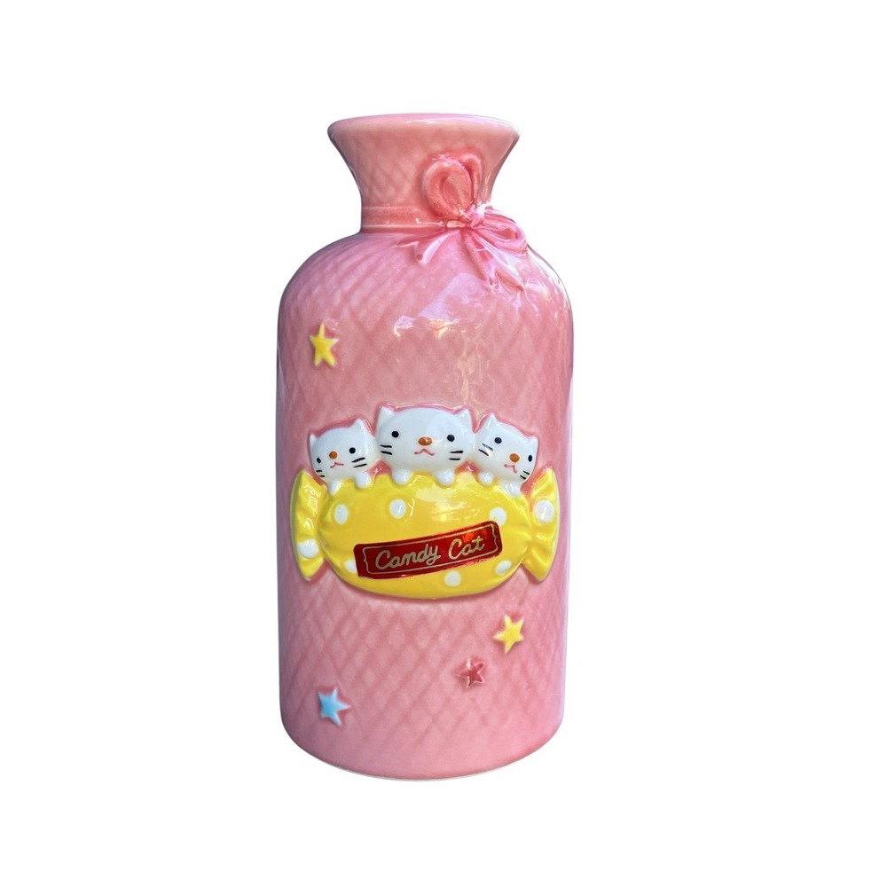 Vintage 1980s Fujika Japan Candy Cat Pink Ceramic Kawaii Bud Vase‎ Foil Label